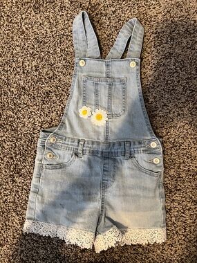 Light Blue Denim Kids Overalls Daisy Applique Lace Accents